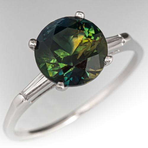 Natural Bi Color Sapphire Engagement Ring w/ Tapered Baguette Diamonds Platinum