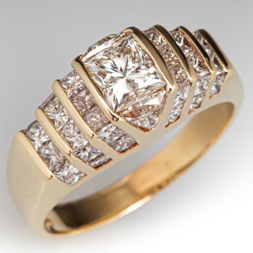 Stepped Princess Diamond Engagement Ring 14K Yellow Gold 1.02Ct H/VS1