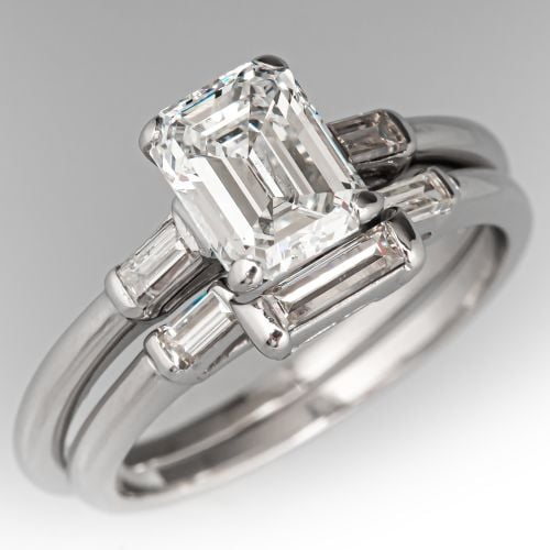 Vintage Emerald Cut Diamond Engagement Ring Bridal Set Platinum 1.00Ct F/SI1