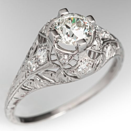 Engraved Filigree 1920s Diamond Engagement Ring Platinum .67Ct M/VS1