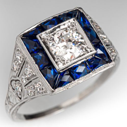 Art Deco Circa 1920s Diamond Ring w/ Sapphire Accents Platinum