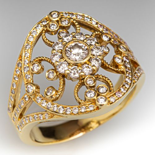 Openwork Design Diamond Ring 18K Yellow Gold