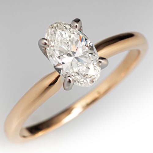 Oval Diamond Solitaire Engagement Ring 14K Yellow Gold & Platinum .88Ct I/I1 GIA