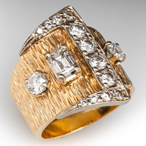 Circa 1950s Two Tone Diamond Buckle Ring 14K White & Yellow Gold