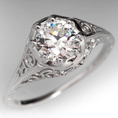 Antique Filigree Old European Diamond Engagement Ring 18K White Gold