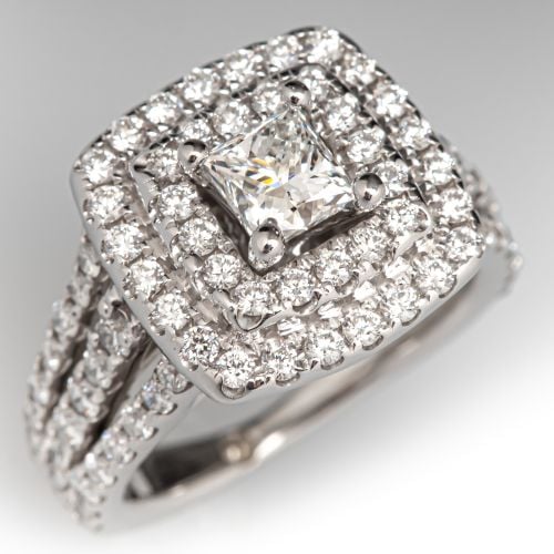 Leo Princess Cut Diamond Halo Ring 14K White Gold .46Ct F/VS2