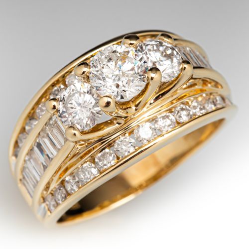 Accented Three Stone Diamond Engagement Ring 14K Yellow Gold .74Ct I/I2
