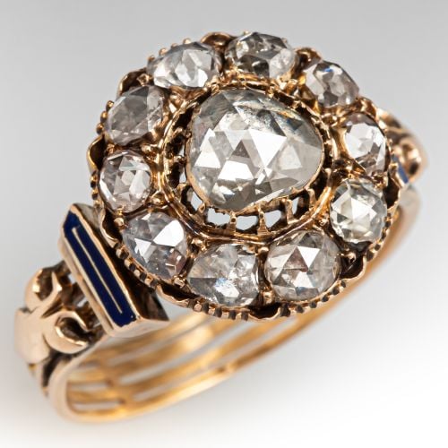 Victorian Rose Cut Diamond Cluster Ring 9K Gold Yellow Gold