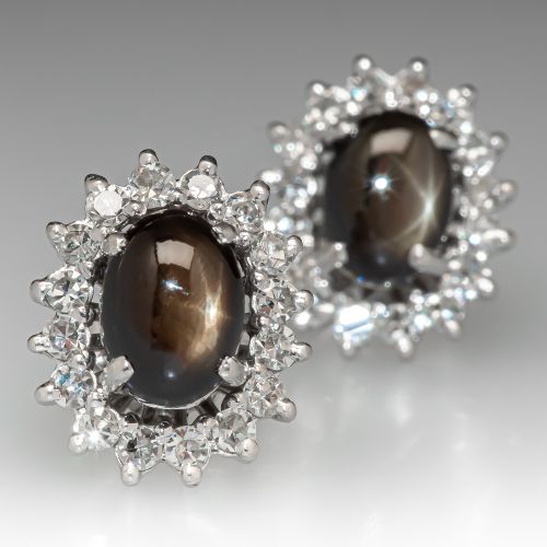 Black Star Sapphire Earrings w/ Diamond Halo 14K White Gold