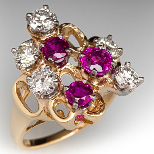 Ruby & Diamond Cluster Ring 14K Two Tone Gold