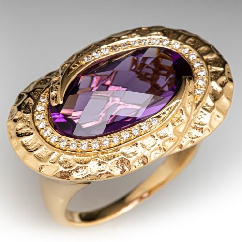 East-To-West Amethyst Halo Ring 18K Yellow Gold