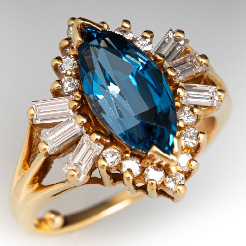 London Blue Marquise Topaz & Diamond  Ring 14K Yellow Gold
