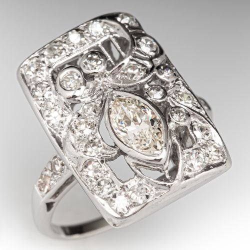 1930s Rectangular Face Diamond Ring 14K White Gold