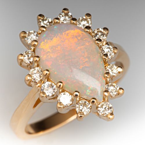 Luminous Pear Cut Crystal Opal Halo Ring 14K Yellow Gold