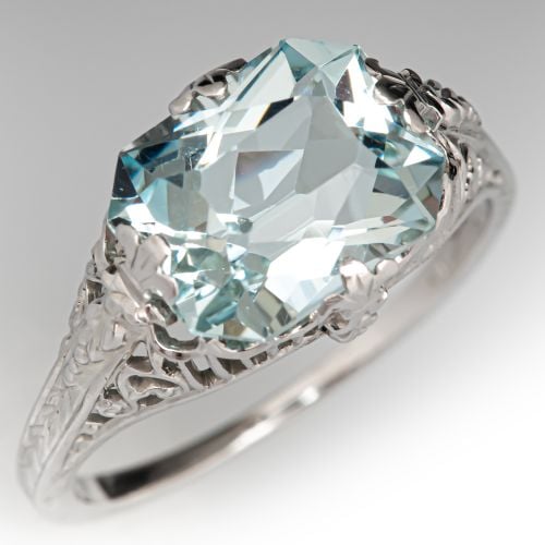 Filigree Art Deco Aquamarine Ring 18K White Gold