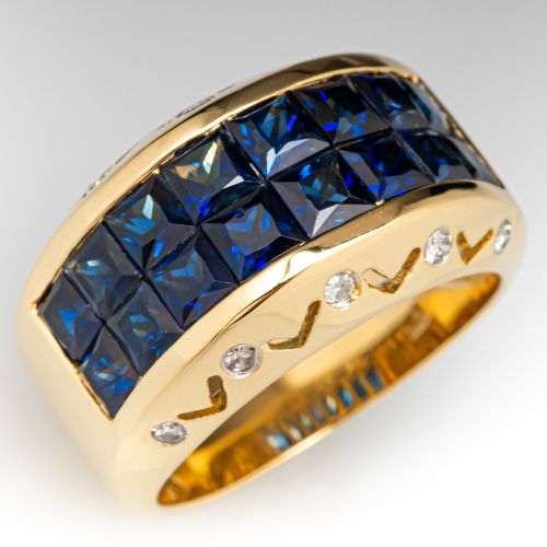 Wide Band Invisible Set Sapphire Ring 18K Yellow Gold, Size 7