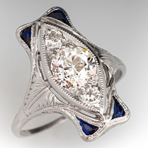 Art Deco Diamond Dinner Ring Platinum .98Ct H/SI1 GIA