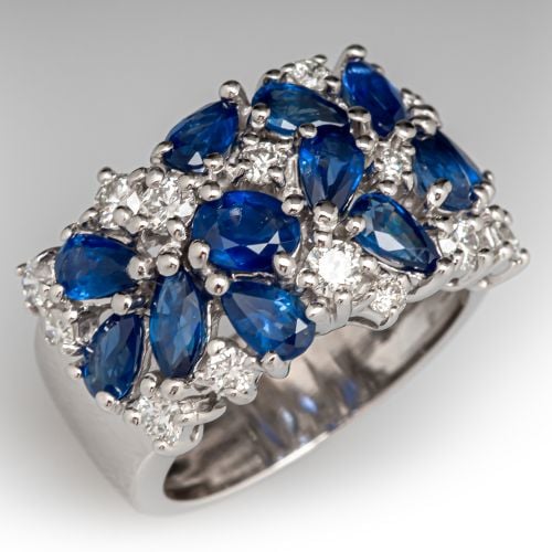 Wide Band Diamond & Sapphire Cluster Ring 14K White Gold