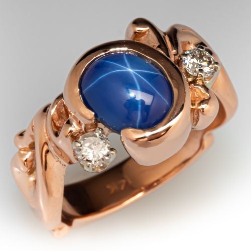 Custom Lab Star Sapphire & Diamond Ring 14K Rose Gold