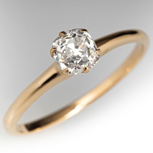 Petite Old Mine Cut Diamond Engagement Ring 14K Yellow Gold .61Ct I/I2 GIA