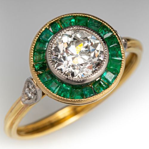 Vintage Diamond Ring w/ Emerald Halo 18K Yellow Gold 1.03Ct I/SI2 GIA