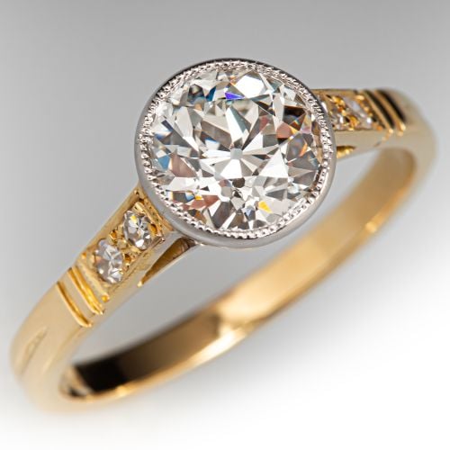 Bezel Set Old Euro Engagement Ring 18K Yellow Gold/ Platinum 1.44Ct I/VS1 GIA
