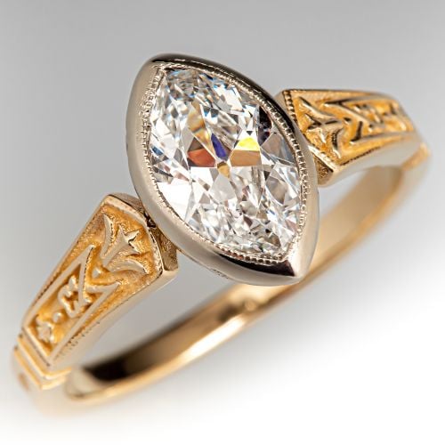 Marquise Diamond Solitaire Ring 14K Two Tone Gold .90Ct F/VS1 GIA