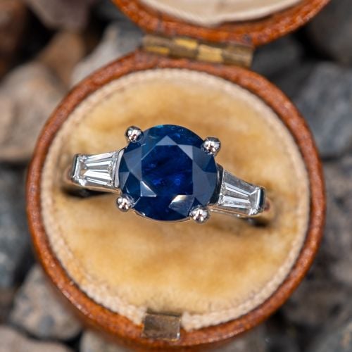 2.6 Carat Dark Blue Sapphire Engagement Ring w/ Baguette Accents