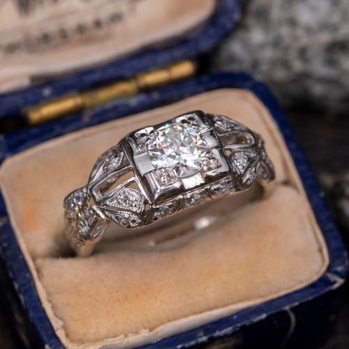 Detailed 1930's Engagement Ring Old European Cut Diamond .50ct G/SI1
