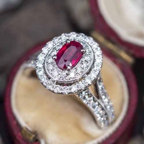 Ruby Halo Engagement Ring 14K White Gold w/ Diamonds