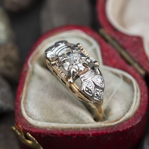 Detailed 1940s Vintage Diamond Engagement Ring 14K Yellow Gold .04ct J/SI1