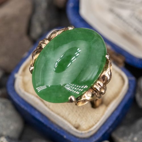 Large Vintage Jadeite Jade Cocktail Ring 18K Yellow Gold