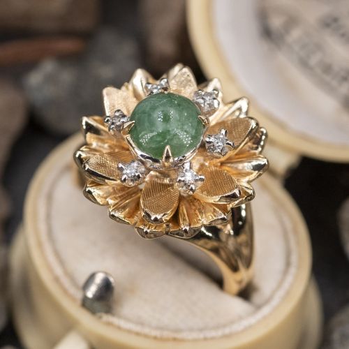 Vintage Flower Motif Jadeite Jade & Diamond Cocktail Ring 14K Yellow Gold