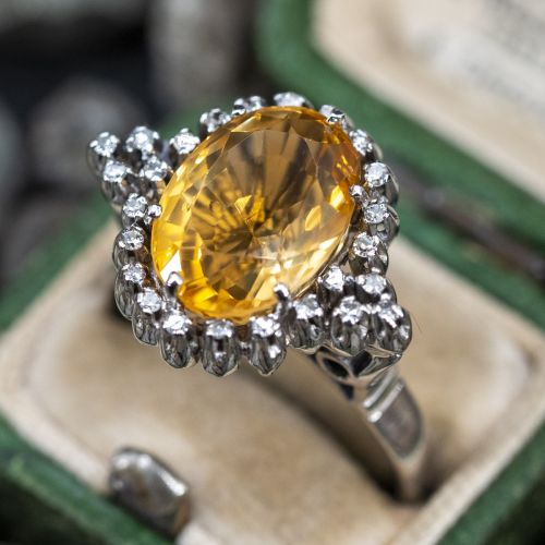 Vintage Citrine & Diamond Cocktail Ring 14K White Gold