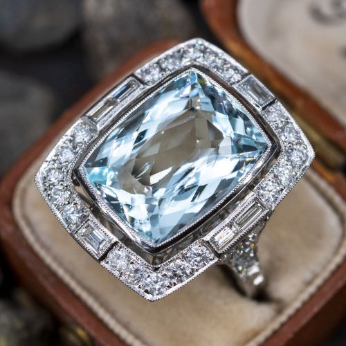 Stunning Aquamarine Cocktail Ring w/ Diamonds Platinum