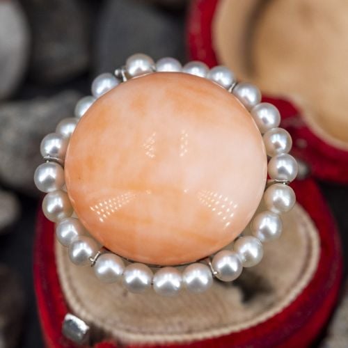 Coral Cocktail Ring w/ Pearl Halo in Platinum