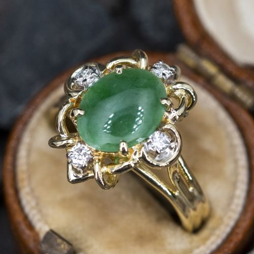 Vintage Untreated Jadeite Jade Cocktail Ring w/ Diamonds 18K Yellow Gold
