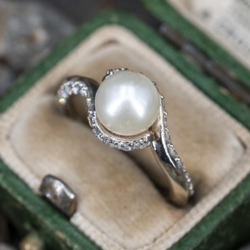 Diamond Swirl Pearl Ring 14K White Gold