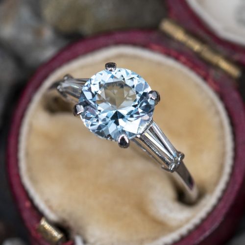 Vintage Aquamarine Engagement Ring w/ Diamond Accents Platinum