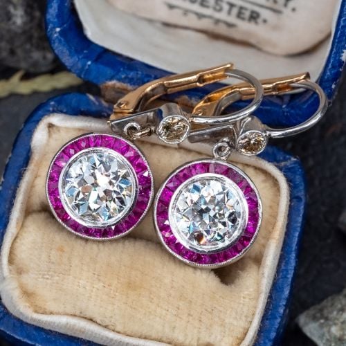 Stunning  Art Deco Style Transitional Cut Diamond Dangle Earrings w/ Ruby Halo