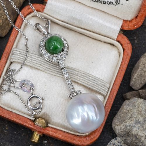 Pearl, Jade & Diamond Necklace 14K White Gold