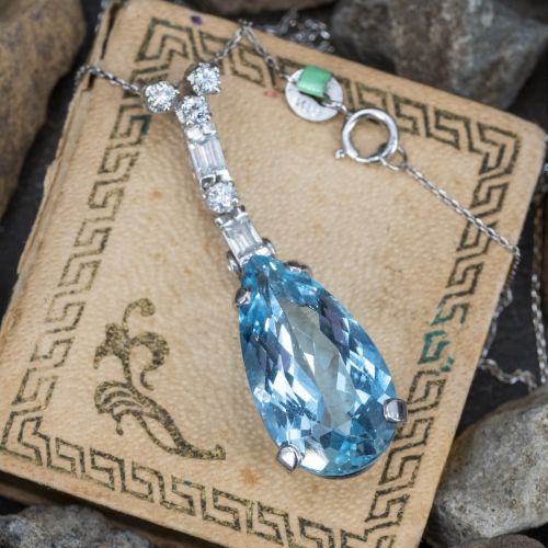 Vintage Pear Cut Aquamarine & Diamond Pendant Necklace Platinum