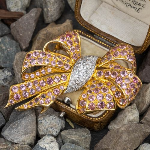 Spectacular Diamond & Pink Tourmaline Bow Motif Brooch
