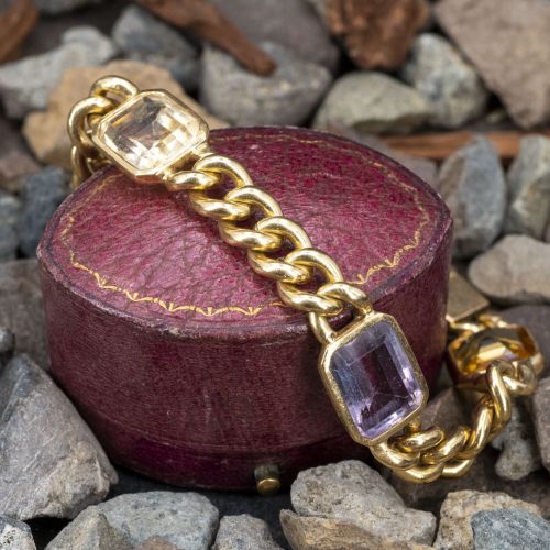 French Vintage Curb Link Bracelet Citrine & Amethyst 18K Yellow Gold