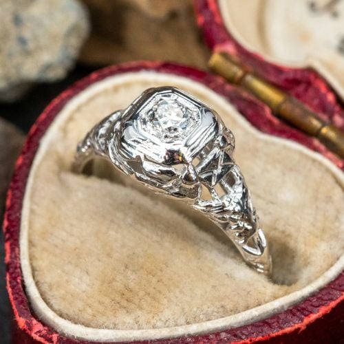 Circa 1940s Diamond Filigree Engagement Ring 18K White Gold