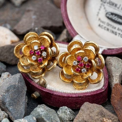 Large Vintage Diamond & Ruby Flower Earrings 18K Yellow Gold