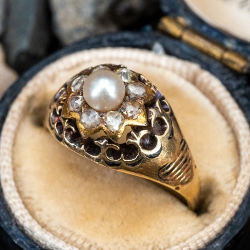 Late Victorian Era Pearl Ring w/ Rose Cut Diamond Accents 14K Yellow Gold