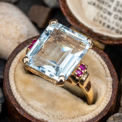 Vintage Aquamarine Cocktail Ring w/ Ruby Accents 14K Yellow Gold