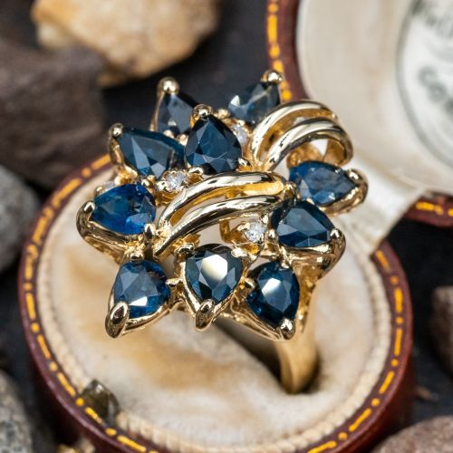 Blue Sapphire & Diamond Cluster Cocktail Ring 14K Yellow Gold