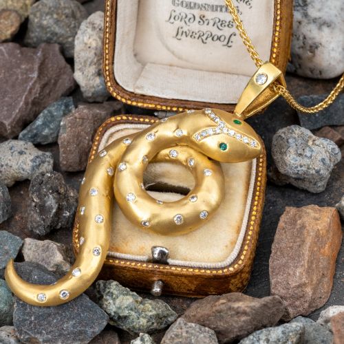 Maurice Katz Diamond Snake Pendant Necklace w/ Emerald Eyes Yellow Gold